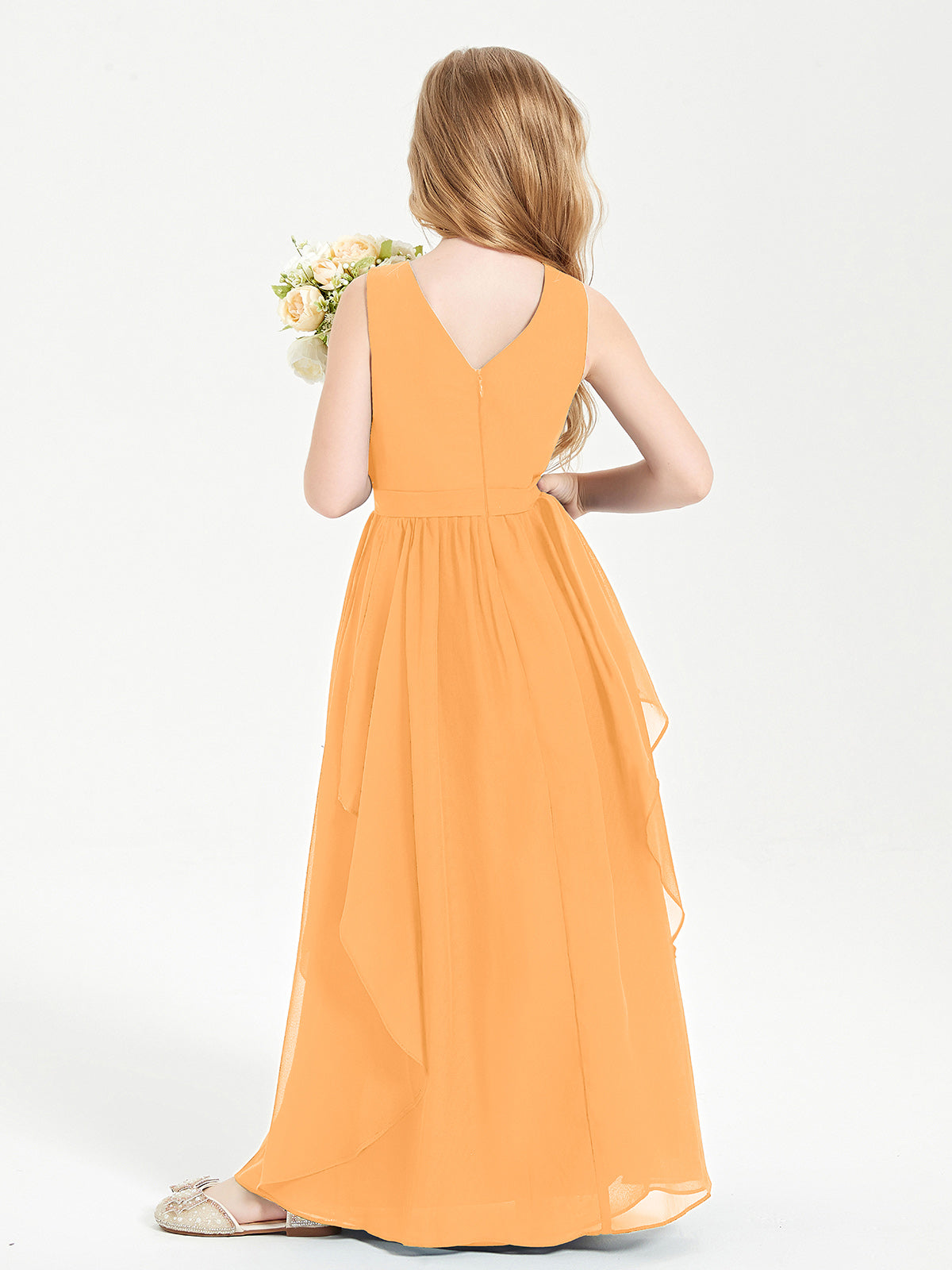 Boho Sleeveless Junior Chiffon Bridesmaids Gown Tangerine